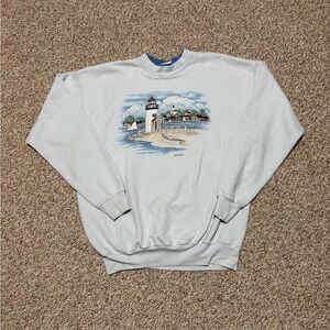 Vintage Baby Blue Morning Sun Light House Costal Town Crewneck M